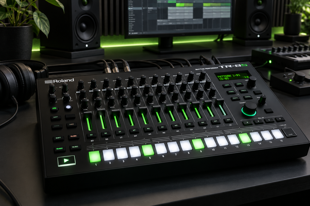 Roland TR-8S drum machine with green-lit controls in a music production studio