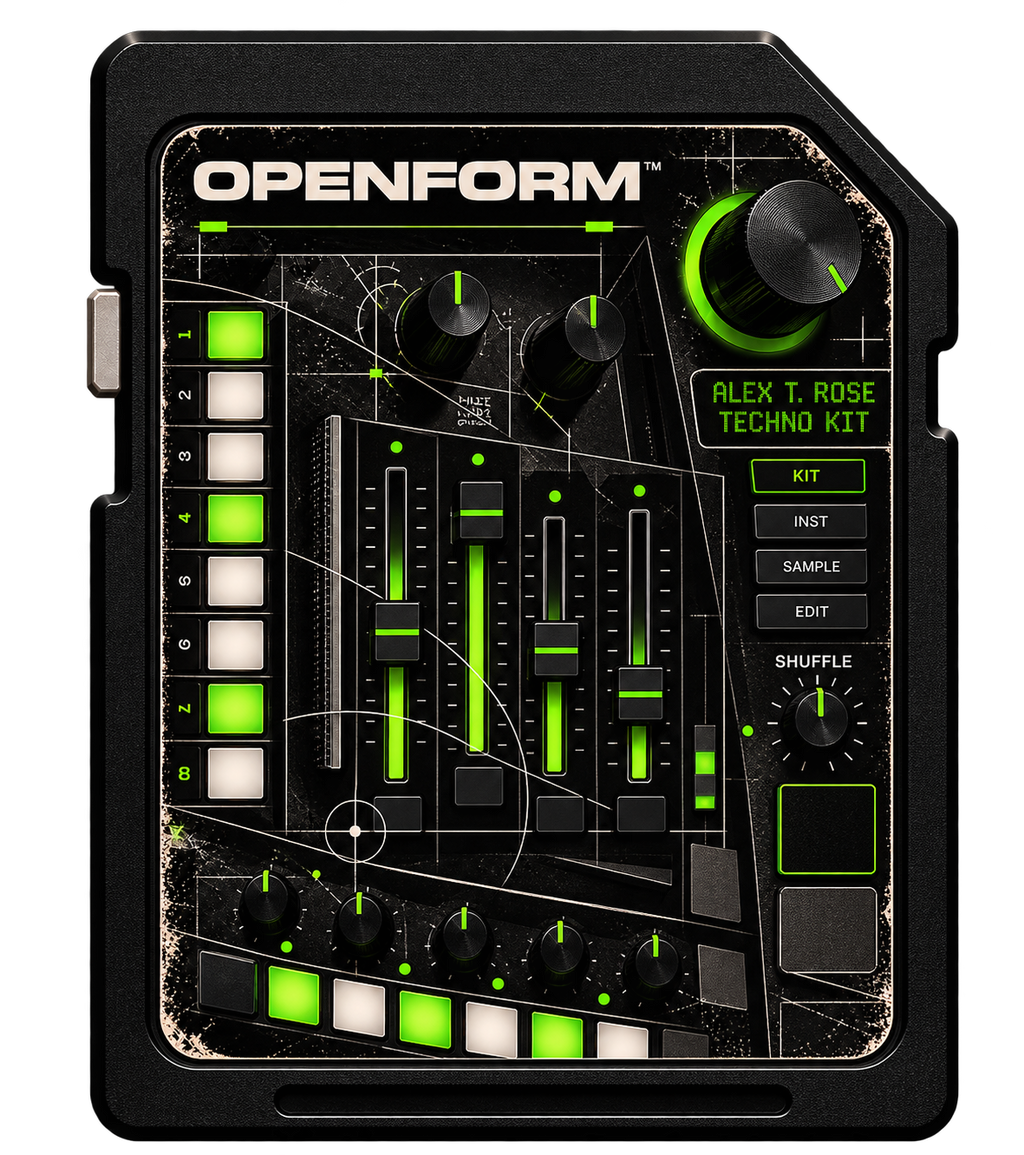 Alex T. Rose Techno Kit sample categories: kicks, drums, percussion, bass, leads, pads and atmospheres, stabs, FX and vocals.