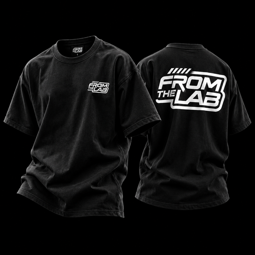black short-sleeve t-shirts shown against a black background, displaying the front and back views. The front features a small white 'FROM THE LAB' logo on the left chest, while the back features a large, bold white graphic reading 'FROM THE LAB' with diagonal stripes above it.