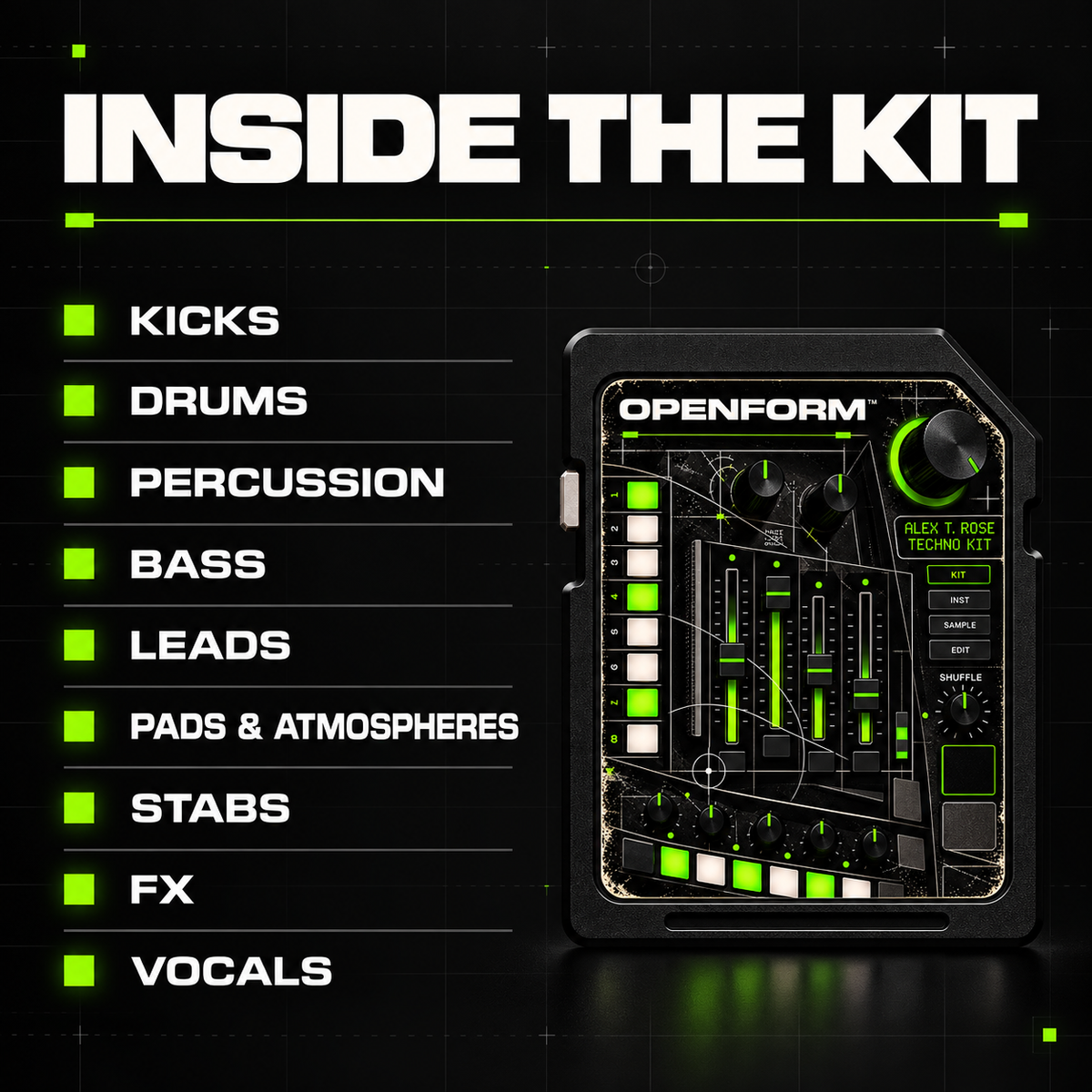 Alex T. Rose Techno Kit sample categories: kicks, drums, percussion, bass, leads, pads and atmospheres, stabs, FX and vocals